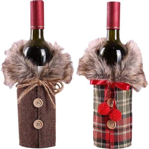 2Pcs Christmas Sweater Wine Bottle Cover, Newest Collar and Button Coat Design Wine Bottle Sweater Wine Bottle Dress Sets Xmas P