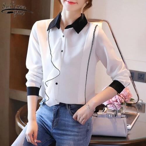 Fashion Long Sleeve Shirt Solid Ruffles Autumn White Chiffon Shirts Women Tops Cardigan 2021 POLO Collar Blouse Blusas 10961