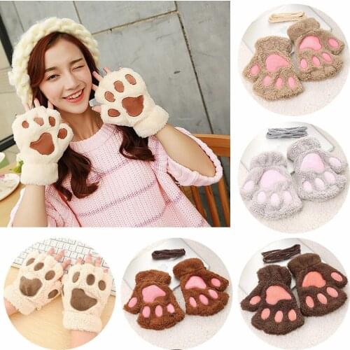 New Women Bear Cat Claw Paw Mitten Plush Glove Costume Warm Winter Half Finger Plush Gloves Short Finger Female
