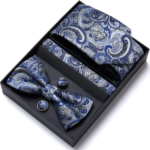 New Pailey Silk Tie Set Jacquard Woven Necktie Bowtie Suit hanky Cufflinks For Groom Men Gift