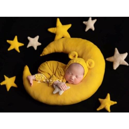 Newborn Photography Props Star and Moon Set Handmade Baby Teddy Hat Romper Outfit Photo Props