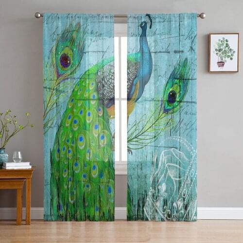 Peacock Wood Grain Feather Retro Voile Tulle Sheer Curtains for Bedroom Living Room Kitchen Decor Chiffon Windows Curtain
