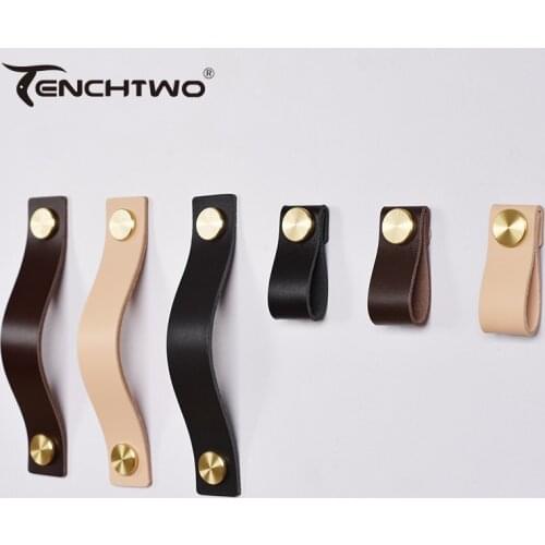 TENCHTWO Cowhide Leather Dresser Drawer Handles Furniture Cupboard Door Pulls Wardrobe Kitchen Cabinet Knobs Hardware Gold Brass