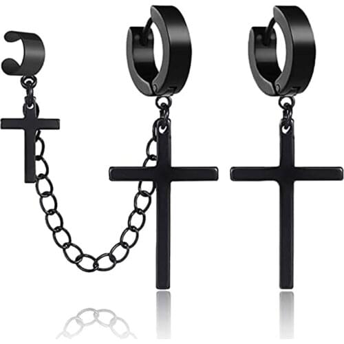 Unisex Punk Hip Hop Stainless Steel Silver Black Cross Pendant Huggie Hoop Earrings Gifts for men, women and teenagers