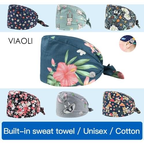 Viaoli unisex cotton Small floral printing Adjustable Scrubs Cap beauty pet shop work hats dust hat Scrub Cap Wholesale prices