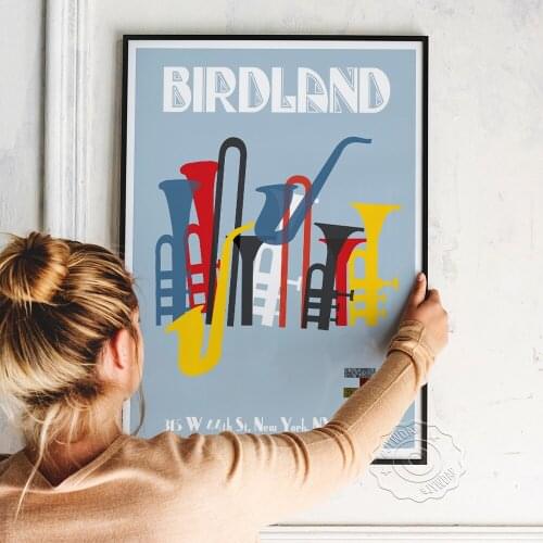 Vintage Birdland Jazz Poster, Abstract Color Instrument Wall Picture, Nordic Style Baby Blue Background Art Prints Wall Decor
