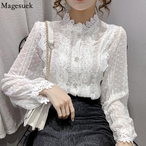 Women Sweet Loose Korean Top Spring Elegant Lace Chiffon Shirts Fashion Long Sleeve Flower Crochet Stitching Blouse Blusas 15996