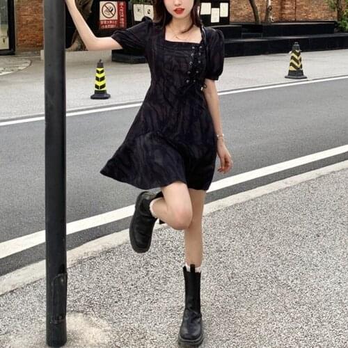 Tie Dye Gothic Dress Women Black Sweet High Street Party Y2k Mini Dress Belt Design Ruffled Korean Dresses for Women 2021 Chic