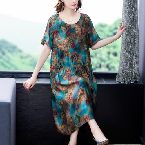 Summer Loose Casual Print 4XL Plus Size Midi Dress 2021 Women Vintage Floral Mulberry Silk Dress Elegant Bodycon Party Vestidos