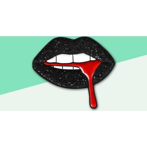 Gothic Pins Blue Rose Badge Slogan Blooding Dark Black Mouth Twinkling Lipstick Teeth Brooch Halloween Gift For Friends Unisex