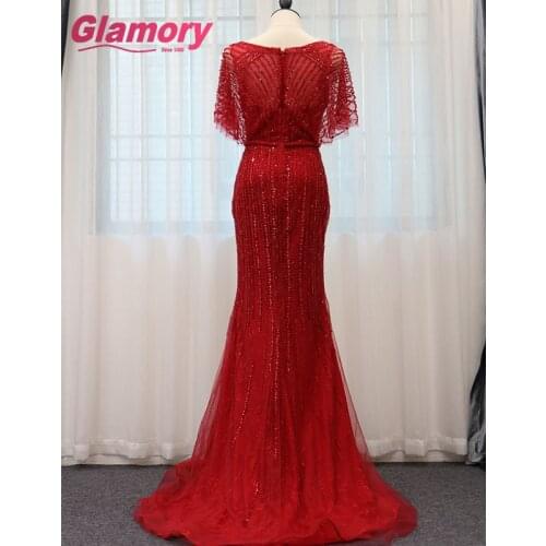 Burgundy Dresses 2020 Long Bat Sleeve Lace Tulle Evening Evening Dress Beaded