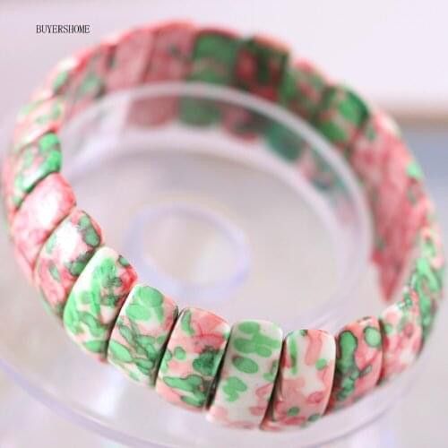 BUYERSHOME Hot Women Jewelry Stretch 10X25X8MM Natural Beads Pink with Green Ocean Stone Bracelet 7" 1Pcs H929