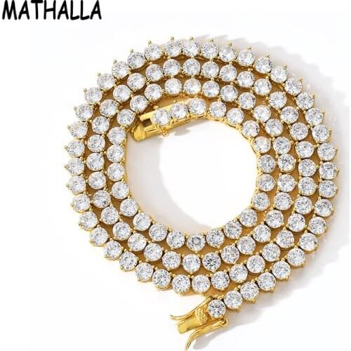 MATHALLA Bing Bling Iced Out Cubic Zircon 4mm Tennis Chain Necklace with 3 Three Prongs Brass Hip Hop CZ Jewelry Homme