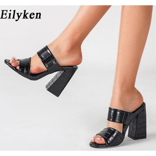 Eilyken Women Shoe Slides High Quality Cozy Soft Leather Peep Toe Summer Outdoor Slippers Fashion Square Heels Gladiator Sandals