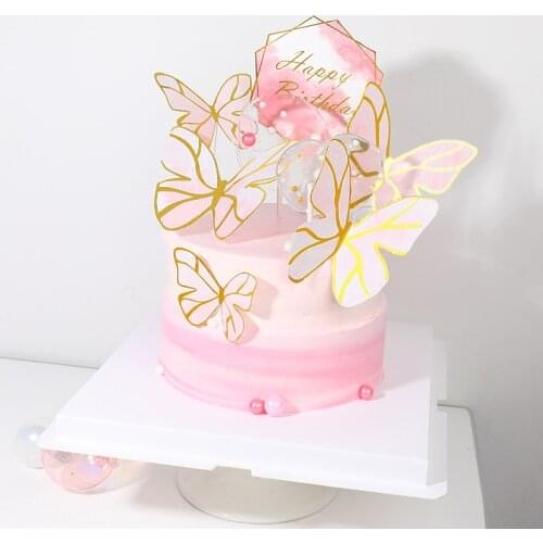 Geomertic Marble Pink Gold Butterflies Cake Toppers for Happy Birthday Cupcake Cake Topper Baby Shower Unicorn Cake Topper