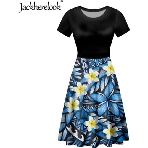 Jackherelook Blue Polynesian Tribal Plumeria Print Beach Hawaii Midi Dresses for Womens Casual Short Sleeve Elegant Party Dress