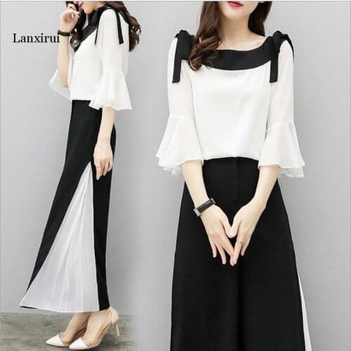 New Fashion Summer Set Wide Leg Pants Chiffon Suit Two Piece Set Three Quarter Flare Blouse And Pant Suits