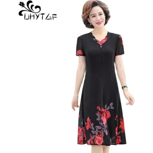 UHYTGF Summer Women Dress New Fashion Printed Slim Thin Chiffon Beach Dress Middle-Aged Female 5XL Plus Size Dresses Vestidos 10
