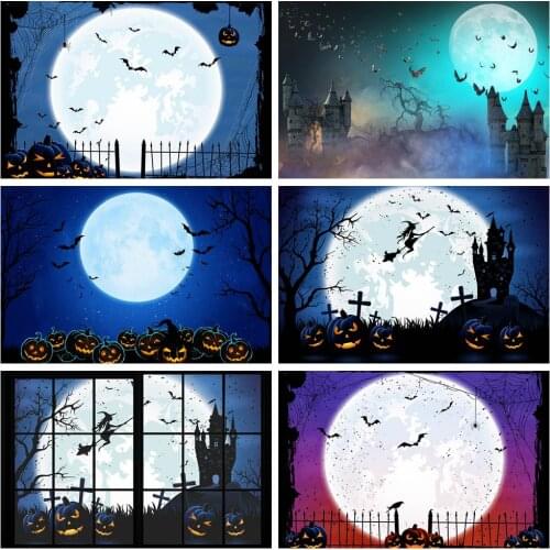 MOCSICKA Full Moon Night Backdrop Photography Dark Pumpkin Bat Castle Halloween Theme Birthday Party Backdrops Decoration Studio