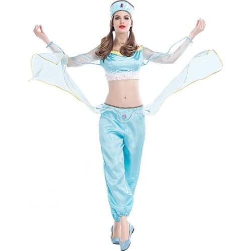 2021 Aladdin Jasmine Princess Cosplay Costumes Sexy Belly Dancer Uniform Halloween Carnival Party Dress Costume Top Pant Sets