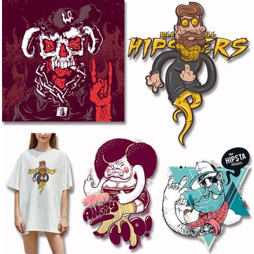 Cartoon anime bearded uncle skull letters Heat Transfer PVC Patch Patches for Clothing DIY T-shirt Stickers Printed Decoration