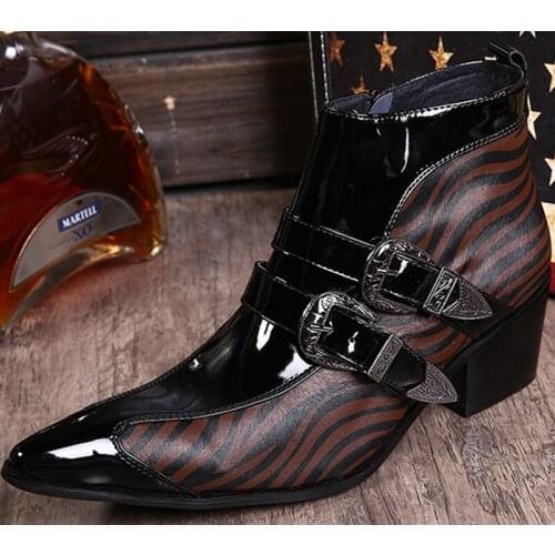 Rock British Fashion Mens Boots Black Buckles Mans Genuine Leather Ankle Boots Shoes 6.5cm Heels Personality, 38-46