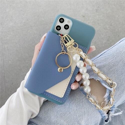 Wallet Card Soft Phone Case for Xiaomi Mi CC9e 9T 8 9 SE Note 10 Lite 11 10S 10T Pro Pearl Bracelet Wrist Strap Back Cover