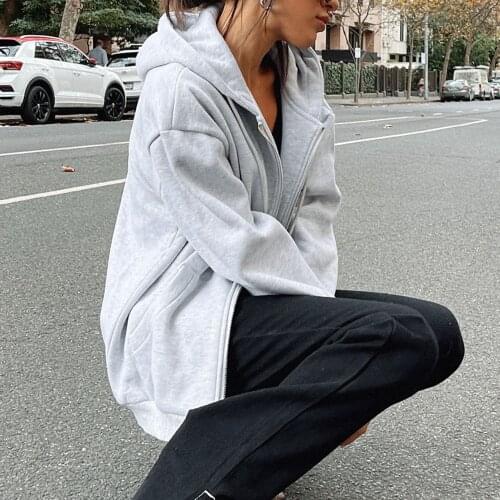 Autumn Winter Simple Wild Hooded Coat Solid Color Women Female Casual Long Sleeve Zipper Open Front Fitting Windproof Hoodies