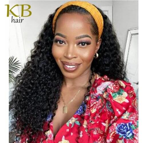 Brazilian Curly Headband Wigs Glueless Long Curly Scarf Wig No Gel Jerry Curl Human Hair Wig with Headband KING BRILLIANT