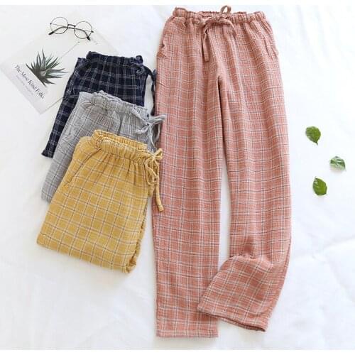Couple Japanese Sleep Bottoms Plaid Simple Lattice Pajama Pants Women Men 100% Cotton Yarn Home Clothes Elastic Waist Sleepwear
