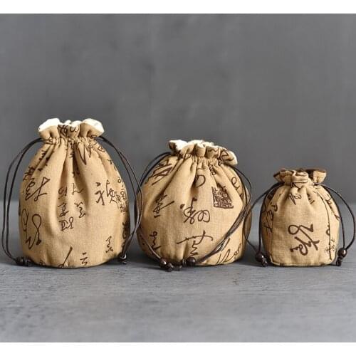 Portable Thicken Round Linen Jewelry Pouch Drawstring Travel Cosmetic Bag Cloth Small Cup Tea Set Trinket Storage Pouch