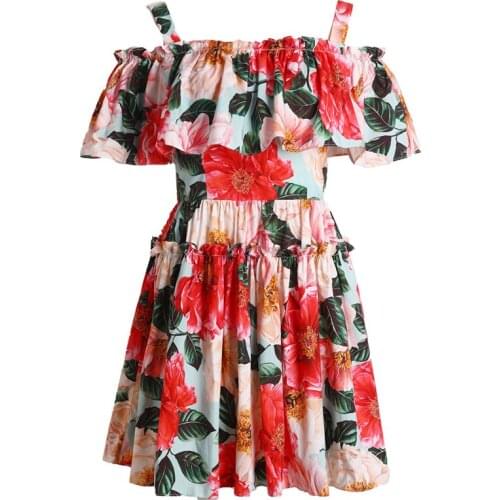 Retro 2021 red new camellia print waist slim sexy backless one-shoulder sling cotton dress