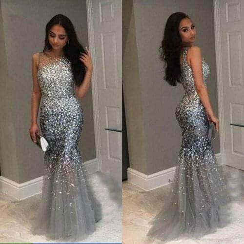 Luxury Crystal Mermaid Prom Dresses Jewel Neck Beaded Dubai Formal Evening Gowns 2020 Tulle Grey Party Gowns