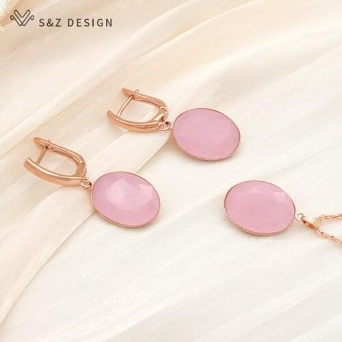 S&Z DESIGN New Luxury Colorful Oval Egg Shape Crystal Dangle Earrings Pendant Necklace Jewelry Sets For Women Wedding Jewelry