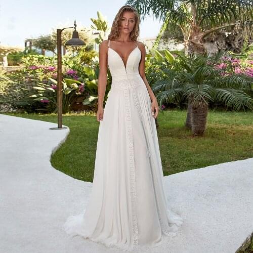 Boho Chiffon A-Line Spaghetti Straps Deep V-Neck Corset Sleeveless Lace Appliques Wedding Gowns Bridal Dresses 2021