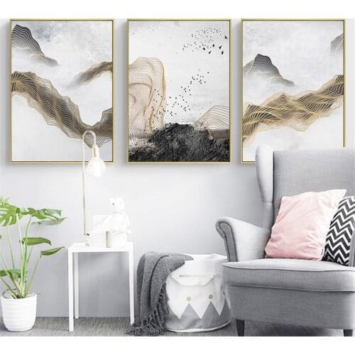 Modern Abstract Chinese Ink Splash Canvas A4 Art Poster Print Wall Picture Painting Gold Black Mountain Vintage Retro Room Decor