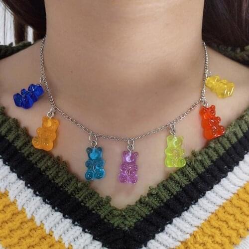 Cute Cartoon Bear Chain Necklaces, Candy Color Pendant For Women Necklace Jewelry Handmade Candy Colors Cute Cartoon Bear Women