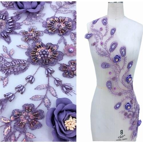 Three-dimensional light purple lace applique with handsewing beads rhinestones patches 72*17cm for prom dress accessory