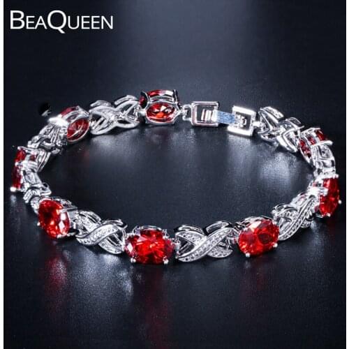 BeaQueen Trendy Oval Round Indian Deep Red Cubic Zirconia Crystal Cross Tennis Bracelets Bridal Wedding Jewelry Accessories B186