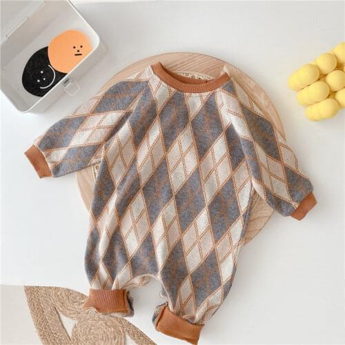 Baby Girl Knitted Bodysuits for Newborns Fashion Floral Plaid Rompers Playsuits Autumn New Long Sleeve Loose Kids Boys Clothes
