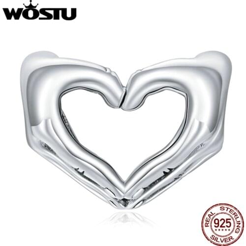 WOSTU 925 Sterling Silver Charm Show Love Hand Bead Heart Shaped Pendant Fit Original Bracelet Necklace For Women Jewelry CTC498