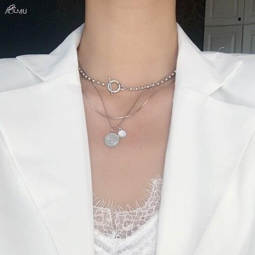 AOMU 2020 Fashion Simple Multi - Layer Coin Pendant Necklace Girls Necklace Metal Clavicle Chain For Women Men Party Jewelry