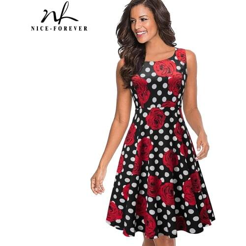 Nice-forever Summer Women Polka Dots with Floral Retro Sun Dresses Party Pinup Flare A-line Dress btyA063