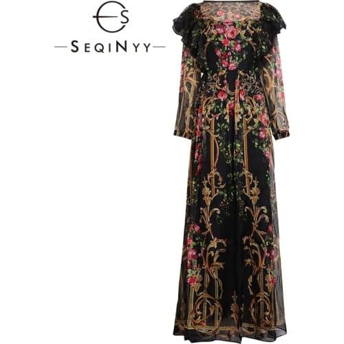 SEQINYY Retro Chiffon Dress 2020 Summer Spring New Fashion Design Women Ruffles Long Sleeve Flowers Print Long Dress