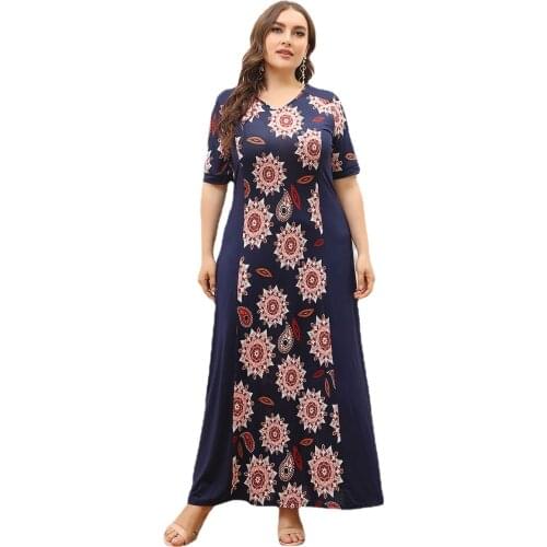 L To 5XL Plus Size Dresses for Women Floral Print Stitching Loose Big Swing Long Maxi Dress Elegant Summer Dresses T6306