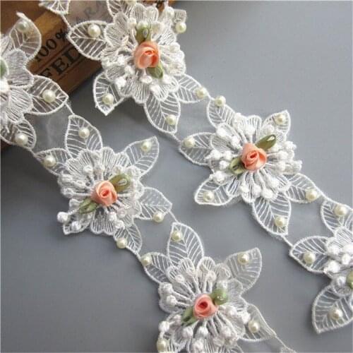 1 Yard White 3D Polyester Pearl Flower Embroidered Lace Trim Ribbon Sewing Supplies Craft For Apparel Decoration
