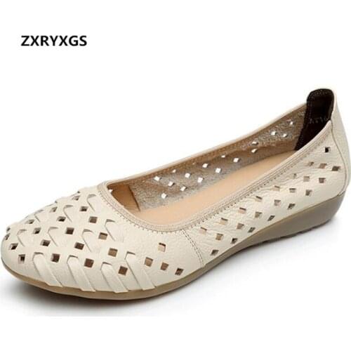 2021 Newest Soft Comfort Hollow Genuine Leather Shoes Woman Sandals Shoes Casual Shoes Flat Non-slip Summer Sandals Plus Size 43
