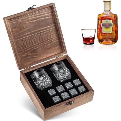 8pcs Whiskey Stones Set with 2pcs Whiskey Shot Glasses Wooden Box Reusable Chilling Rocks Ice Cubes for Whiskey Wine Beer Juice