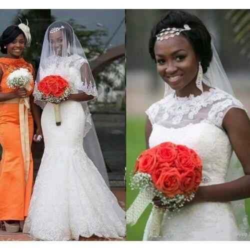 African Vintage Lace Wedding Dresses Cap Sleeves Sheer Neck Beads Mermaid Wedding Dress Jewel Saudi Arabic Cheap Bridal Gowns