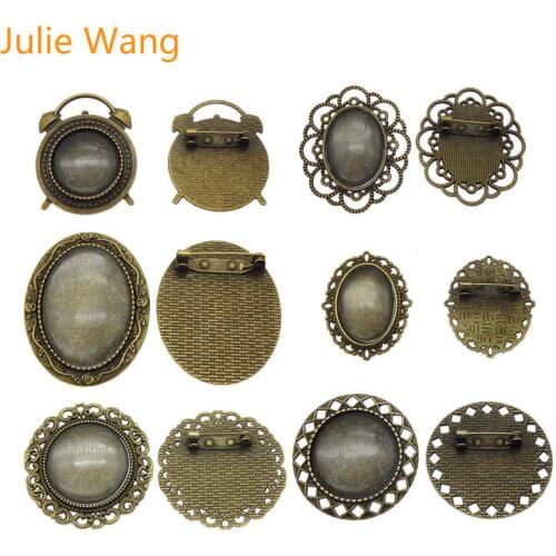 Julie Wang Retro Metal Brooch Pins Alloy Antique Bronze Brooch Blank Setting Base With Glass Cabochon for DIY Jewelry Making